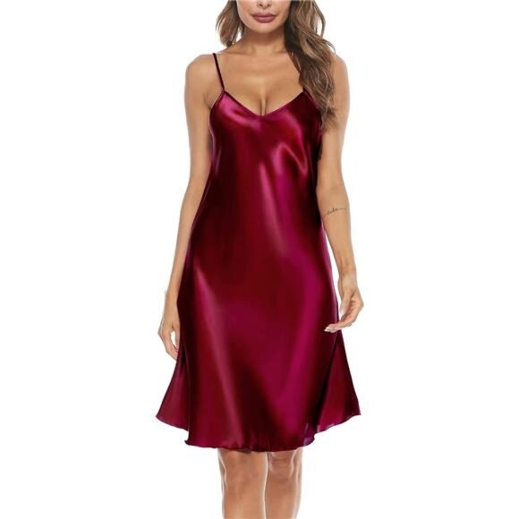 Women Sexy Satin Nightgown Sleepwear Red